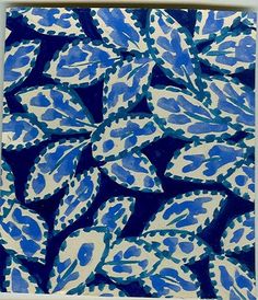 a blue and white painting with leaves on it