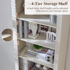 the four tier storage shelf has books, magazines and other items on it's shelves