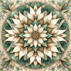 an intricate floral design in green, beige and white colors with lots of details on the petals