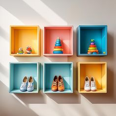 four colorful boxes with shoes and toys in them on the wall, one for each child's shoe