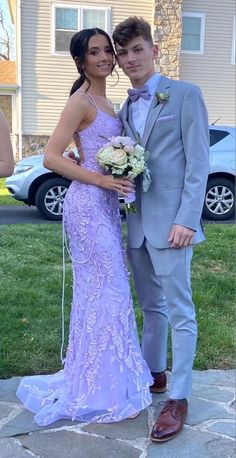 Prom Dresses 2023 Lavender, Purple Mermaid Prom Dresses, 2023 Prom Dresses Purple, Prom Dresses 2023 Ideas Purple, Lilac Hoco Couple, Matching Prom Couples Purple, Lavender Prom Dress Aesthetic, Purple Hoco Couple Outfits, Lilac Purple Prom Couple