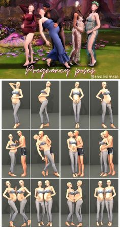 the pregnant woman poses are shown in various positions, including their stomachs and arms