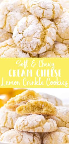 soft and chewy cream cheese lemon crinkle cookies on a white plate with text overlay