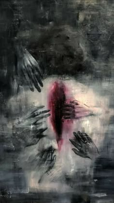 an abstract painting with hands reaching for something