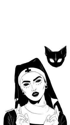 a black and white drawing of a woman with a cat on her head