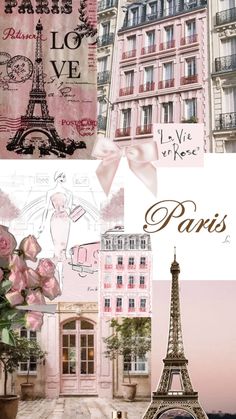 the eiffel tower in paris is shown with pink flowers and other things around it