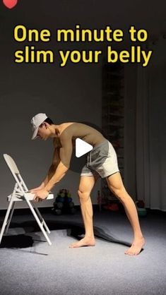 a man standing on top of a chair in front of a sign that says one minute to slim your belly