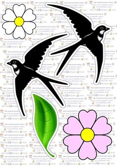 two birds flying next to a flower and green leaf