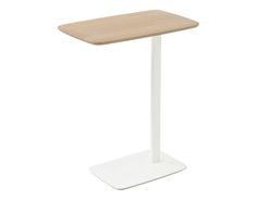 a white table with a wooden top on a white base and a light wood surface