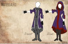 two paper dolls are standing next to each other, one is wearing a purple coat and the other has a red hood