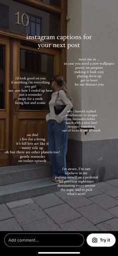 a woman standing in front of a building with her back to the camera and texting about instagram captions for your next post