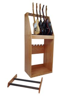 a wooden rack with guitars in it