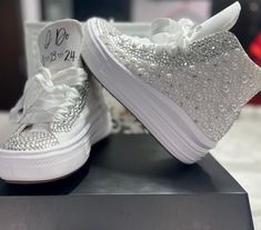 Custom made Platform Converse's for the bride. Each sneaker is made with pearls and rhinestones for the ultimate bridal gift! In the personalized section, please indicate, the date of your wedding and your married last name. Converse With Pearls, Wedding Sneakers For Bride, Bride Converse, Bride Sneakers, Bridal Converse, Bridal Sneakers, Girls Shoes Sneakers, Wedding Sneakers, Sneakers Platform