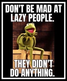 kermie the frog sitting on top of a wooden box with caption that reads, don't be mad at lazy people they didn't do anything