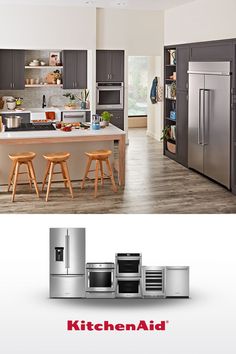 an advertisement for kitchen aid featuring stainless steel appliances