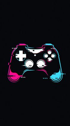 a black background with a colorful video game controller in the foreground and an image of a pink, blue, and white gaming controller