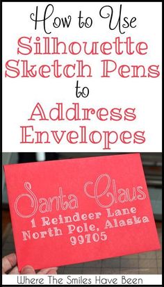 a person holding up a sign that says how to use silhouette sketch pens to address envelopes