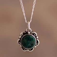 Let the healing powers of chrysocolla calm and cleanse you. Sandra and Lily design this elegant necklace crafted from 925 sterling silver to showcase the blue-green Andean gemstone. The Peruvian mother-daughter team are big believers in the magic of gemstones. Their jewelry is designed to channel the positive energy of these gems into the lives of their wearers. Necklace Green Aesthetic, Silver And Stone Jewelry, Pretty Jewellery Silver, Jewelry Outfit Ideas, Green Gem Necklace, Gem Stone Jewelry, Big Pendant Necklace, Lily Design, Floral Pendant Necklace