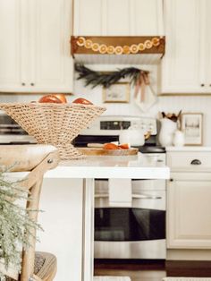 the kitchen counter is clean and ready to be used as a place for breakfast or dinner