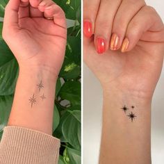 two different wrist tattoos with stars on the left and right hand, one has a small star tattoo on it