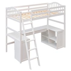 a white loft bed with desk underneath it