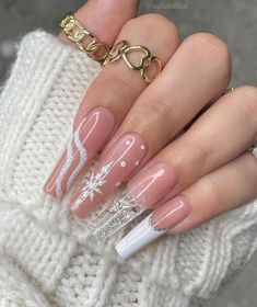 Cute Winter Nail Designs, Long Acrylic Nail Designs, Winter Nails Acrylic, White Acrylic Nails, Glow Nails, Fall Acrylic Nails, Long Acrylic Nails Coffin, Coffin Shape Nails