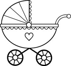 a baby's carriage with a heart on the side and wheels, black and white