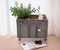 an open book sitting on top of a table next to a planter filled with plants