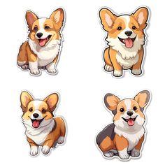 four cartoon corgis stickers with different expressions and colors on them, including one dog