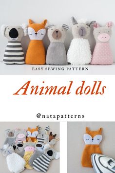 an animal doll is shown with the words easy sewing pattern and instructions to make it