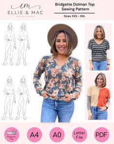 an image of a woman's top sewing pattern with four different styles and sizes