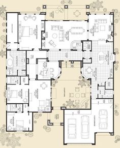 a floor plan for a house with two floors and three car garages on the first level