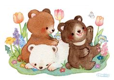 two brown bears and one white bear are sitting in the grass with tulips