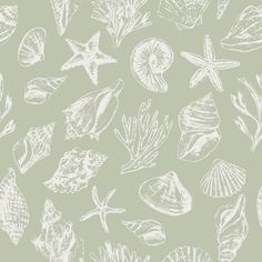 an image of sea shells and starfishs on green background seamless wallpaper