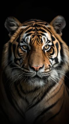 a close up of a tiger's face on a black background