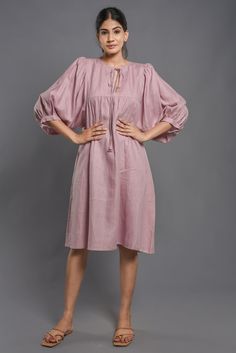 ☀☀ GARMENT DETAILS:- ✽- Knee length Dress 40"  ✽- Detailed with Tie String on Split Neckline  ✽- 3/4 puff Sleeves Length 18" ✽- Side seam pocket ✽- Finished with French seam ✽ Loose Fit Dress ✽ Customization can be done ---------------------------------------------- Why Linen ? Linen feels cool to touch. It is smooth, making the finished fabric lint free and gets softer the more it is washed. Linen is impervious to cloth moths and carpet beetles. Linen is easy to take care, it is resistant to di Bohemian Midi Dress With Gathered Sleeves For Spring, Billowy A-line Summer Dress, Cotton Peasant Dress With Gathered Sleeves, Pink Cotton Dress With Gathered Sleeves, Bohemian Summer Midi Dress With Gathered Sleeves, Mid-length Beach Dress With Pockets, Beach Mid-length Dresses With Pockets, Beach Dress With Pockets, Mid-length, Relaxed Fit Linen Dress With Gathered Sleeves