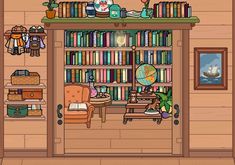 the room is filled with books and other things to see on the shelves in front of the bookcase