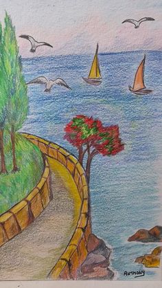 a drawing of a path leading to the ocean with sailboats in the water and trees on either side