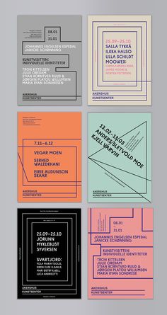 six business cards with different font and colors