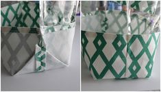 two pictures of green and white bags with handles