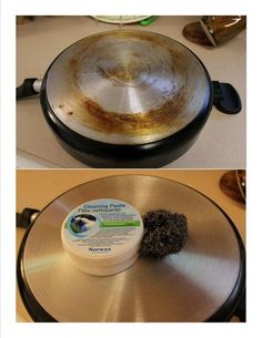 two pictures of an old frying pan with food inside