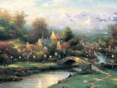 a painting of a bridge over a river with houses on the other side and trees in the background