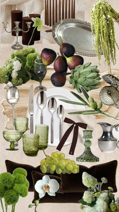 a collage of green and white items including flowers, candles, plates, spoons and utensils