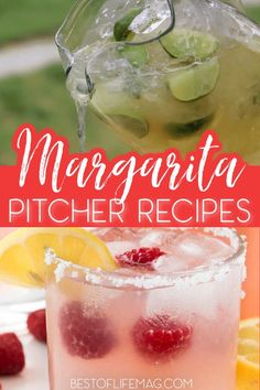 margarita pitcher recipe with lemons and raspberries in it, on top of a plate