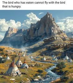 an image of a mountain range with teepees in the foreground and a river running through it