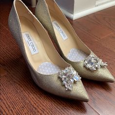 Jimmy Choo Crystal And Gold Heels; Worn Once For Wedding! Comes With Soft Sole Insert In Place :) Size 39, But Run Small. I Am A Size 7.5 And Wore These Comfortably Crystal Heels, Gold Heels, Jimmy Choo Shoes, Jimmy Choo, Shoes Women Heels, Shoes Heels, Size 7, Women Shoes, Running