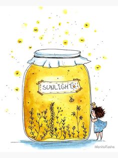 a drawing of a girl standing in front of a jar filled with honey