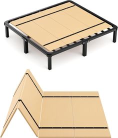 an open and closed platform bed frame with no sheets on the top, bottom and bottom