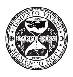 an emblem with the words carpie dei memento to mort written in black on a white background