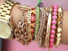 so cute Arm Candies, Arm Bracelets, Arm Party, Pink Bracelet, Pink Candy, Bracelet Stack, Jewelry Trends, Bracelet Making